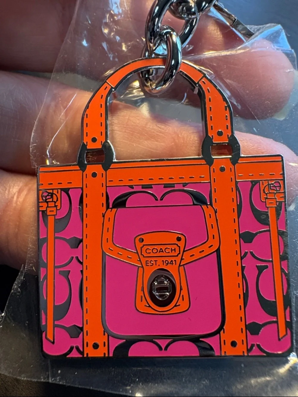 Coach Pink and Orange Signature Tote Keyring Charm - Picture 2 of 4